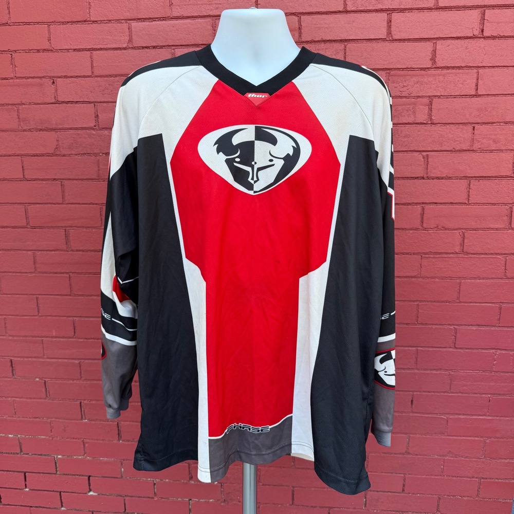Vtg Y2K Thor Motocross Jersey Long Sleeve Red Black White Graphic Print‎ Mens XL